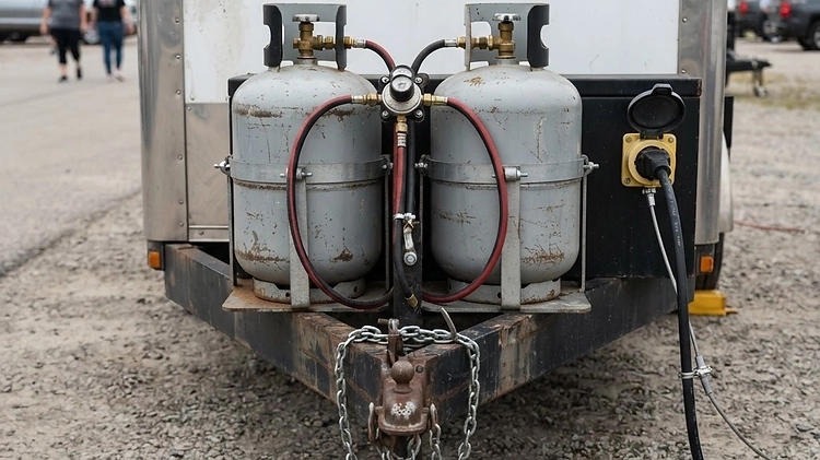 Utility connections including propane tanks and electrical panel on a concession trailer