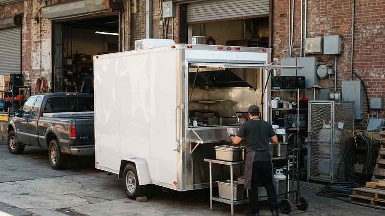 A modern food trailer parked outside a commercial commissary kitchen facility