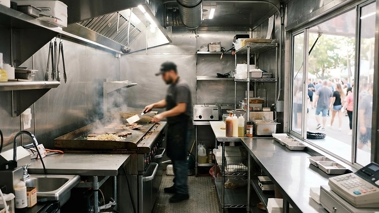 Interior view of a fully equipped 18-foot commercial concession trailer