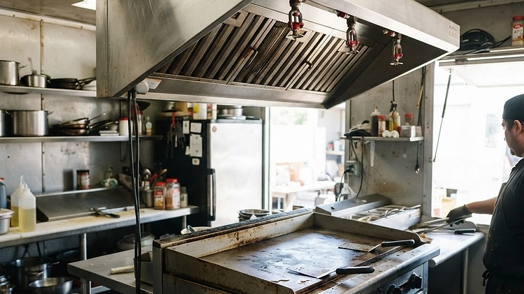 Commercial exhaust hood and fire suppression system in a food trailer