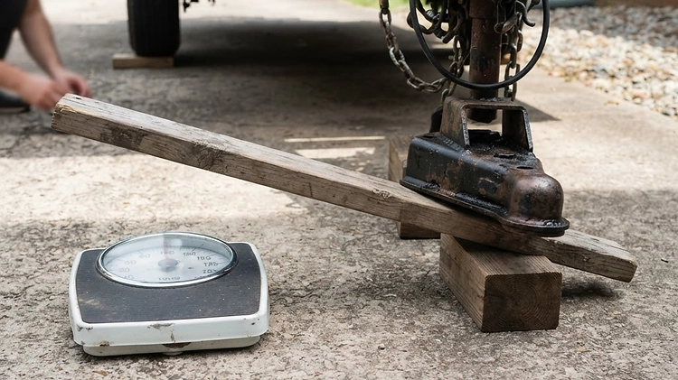 A person measuring trailer tongue weight using a DIY bathroom scale and wooden lever setup