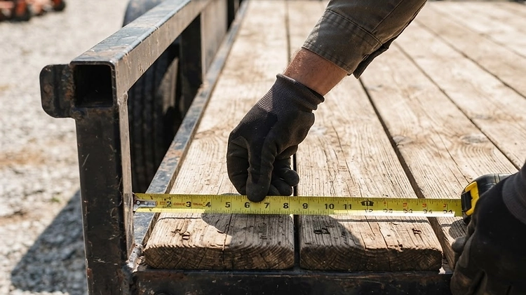Measuring Landscape Trailer Dimensions Landscaper measuring the deck width of a utility trailer