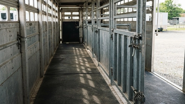 Interior view of a clean livestock trailer floor and divider gates