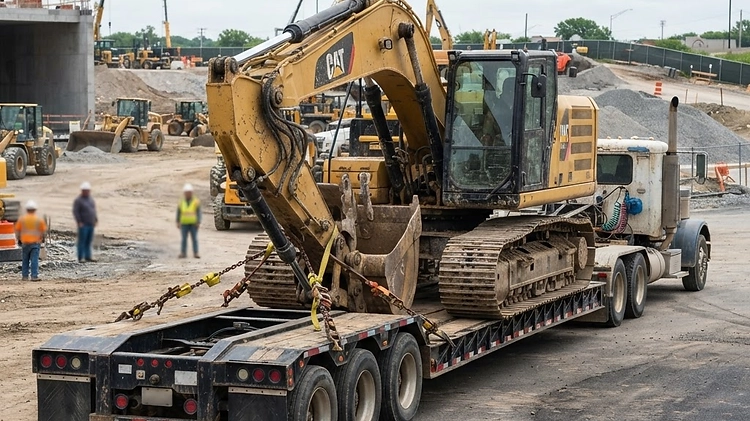 Heavy equipment properly secured and balanced on a gooseneck trailer.
