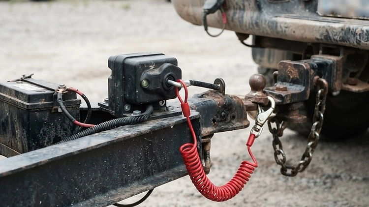 Close-up of a trailer breakaway switch and coiled lanyard attached to a heavy-duty hitch