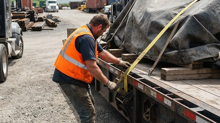 A commercial truck driver securing a heavy load on a flatbed trailer using yellow straps and edge protectors