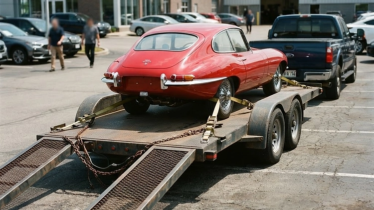 Open Car Hauler Trailer Loaded with a Vehicle A heavy-duty open car hauler trailer loaded with a classic sports car parked on a paved lot