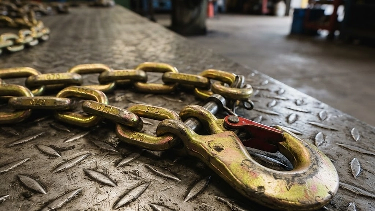 Grade 70 transport chain with clevis hook and safety latch