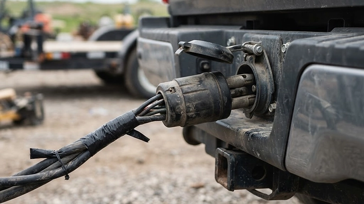 Close up of a 7-way trailer wiring plug connected to a heavy duty tow vehicle