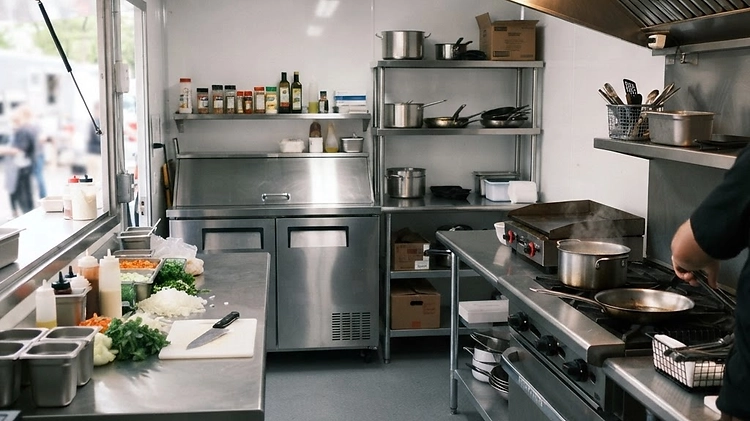NSF Certified Food Trailer Equipment NSF certified commercial refrigeration and prep tables inside a mobile kitchen