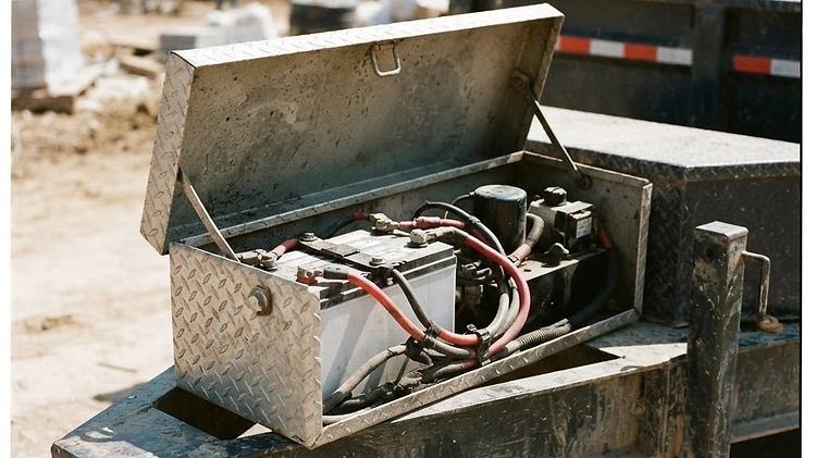 A heavy-duty dump trailer battery box open, showing the 12V deep cycle battery and hydraulic pump wiring.