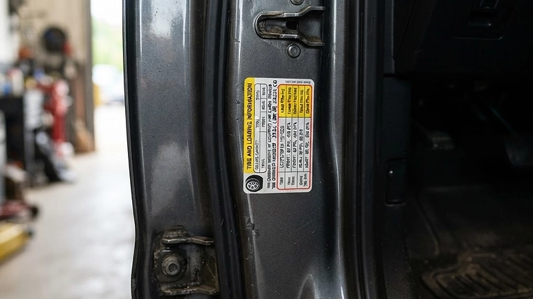 Close up of a truck door jamb sticker showing payload capacity and GVWR