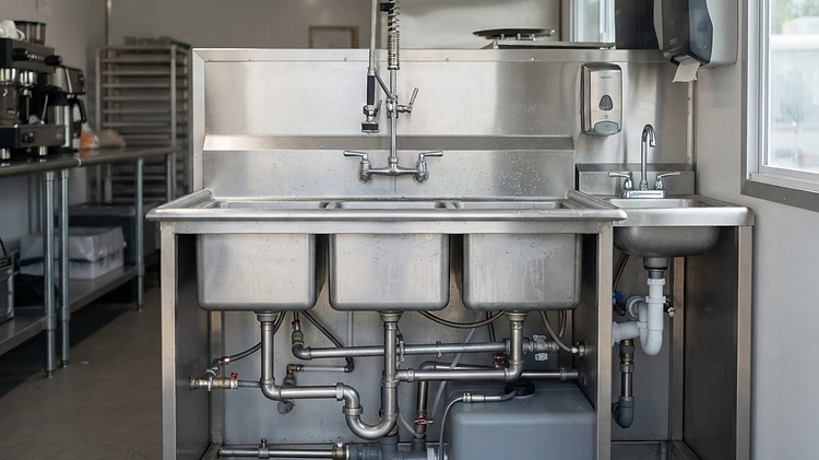 Interior view of a food trailer showing a stainless steel three-compartment sink and plumbing connections