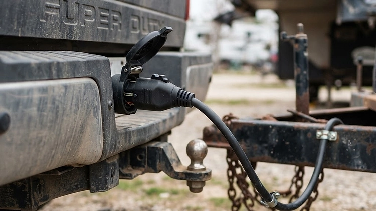 A 7-way trailer plug connected to the bumper of a heavy-duty pickup truck.