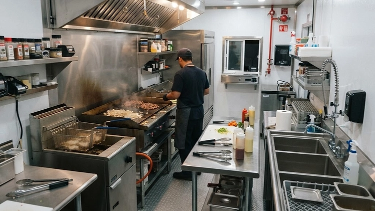 Interior view of a concession trailer showing commercial cooking equipment and stainless steel prep tables