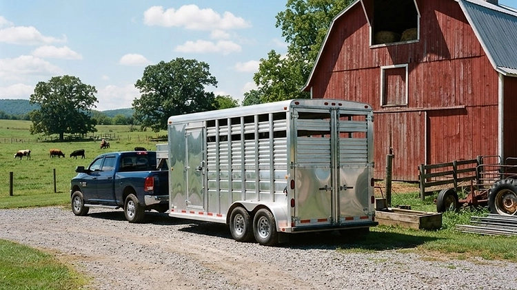 Livestock Trailer Sanitation and Maintenance A clean, well-maintained aluminum livestock trailer parked on a farm