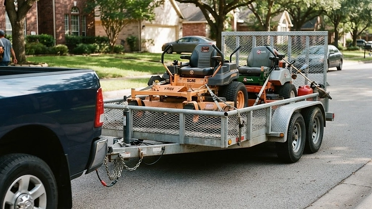 Towing a Commercial Landscape Trailer Heavy-duty truck towing a loaded 7x14 landscape trailer