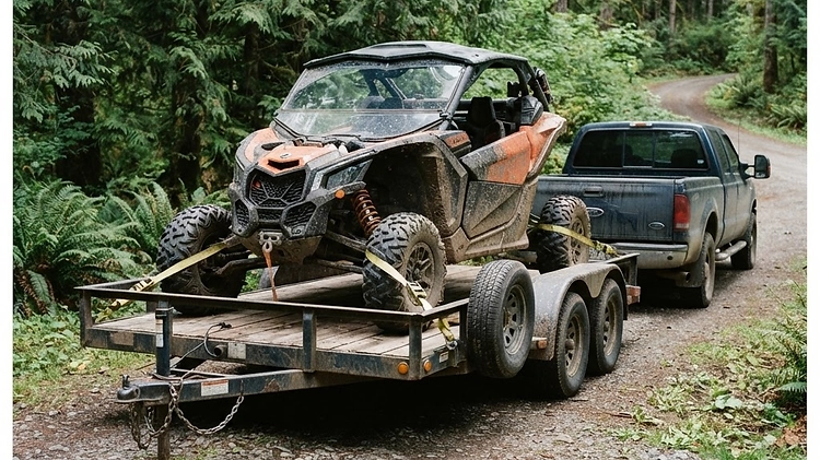 Utility Trailer for ATV and UTV Hauling A side-by-side UTV loaded onto a tandem axle utility trailer