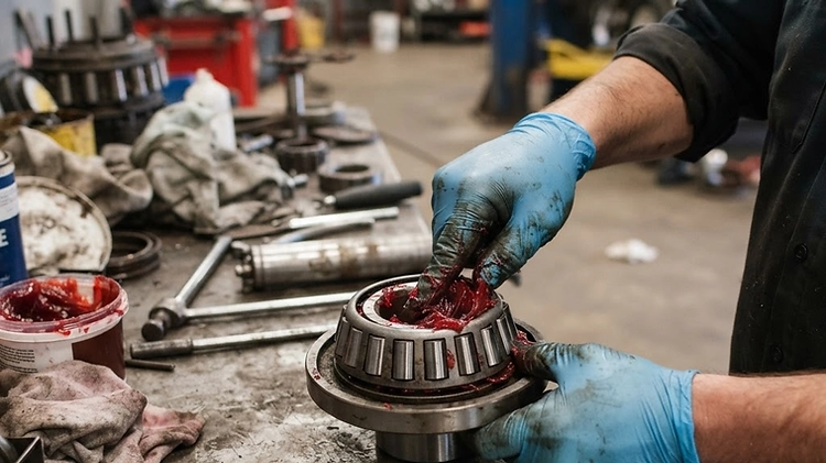 A mechanic inspecting and greasing a heavy-duty trailer wheel bearing in a professional shop