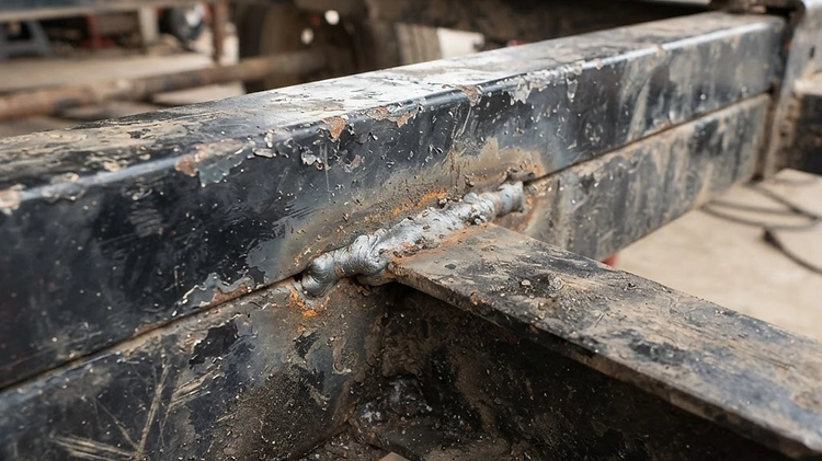 Close up of rust forming on a trailer weld seam