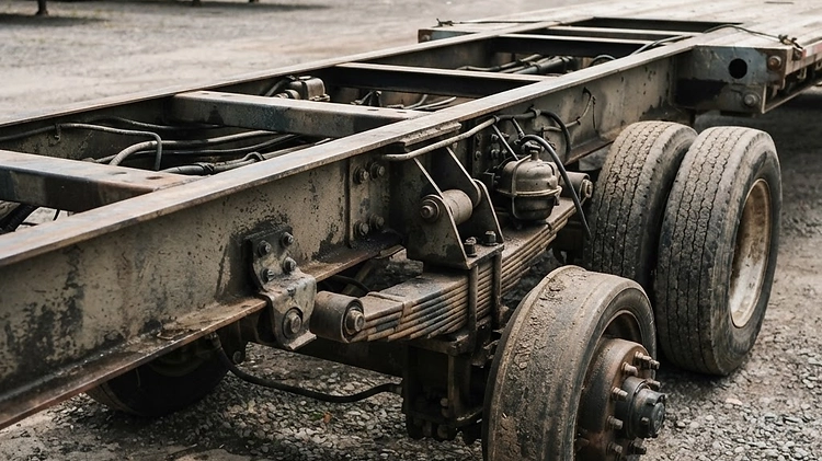 Hotshot trailer suspension components showing axles and frame