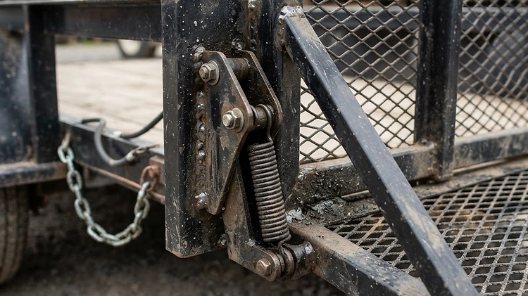 Heavy-Duty Landscape Trailer Ramp Gate Close-up of a heavy-duty spring-assisted ramp gate on a landscape trailer