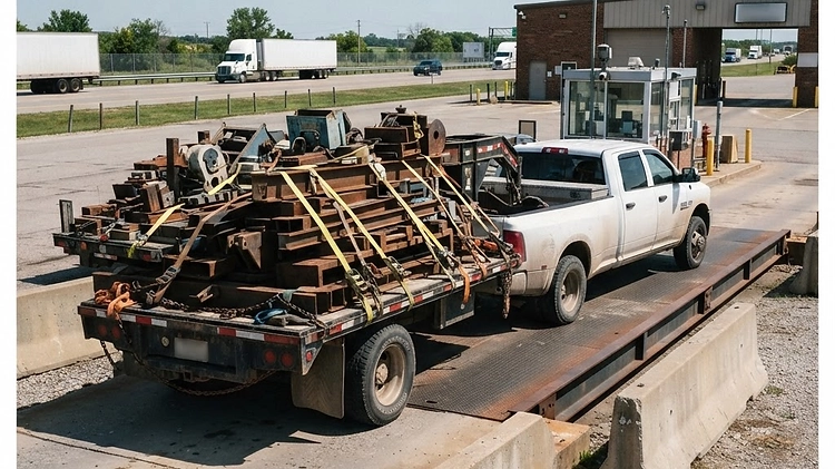 Checking Flatbed Axle Weights at a Scale A commercial truck at a weigh station checking flatbed axle weights.