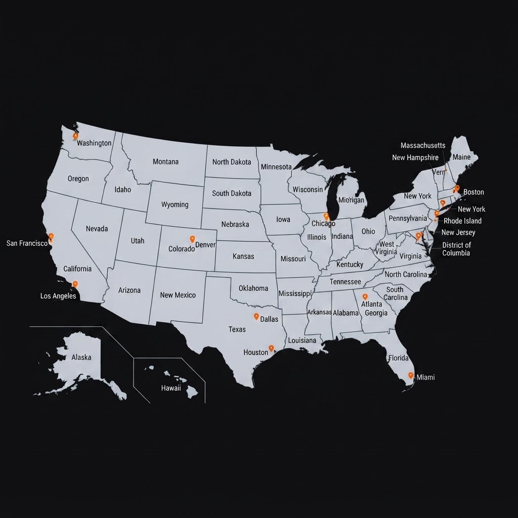 Map of Prime Trail Trailers nationwide service areas across the United States