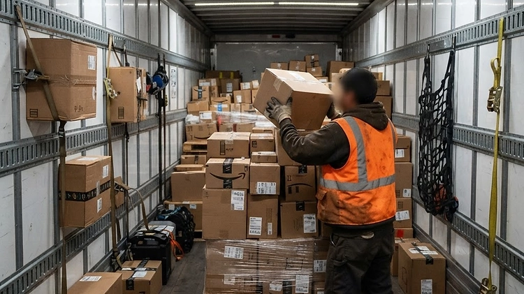 Loading an Enclosed Delivery Trailer Delivery driver loading packages into an enclosed trailer
