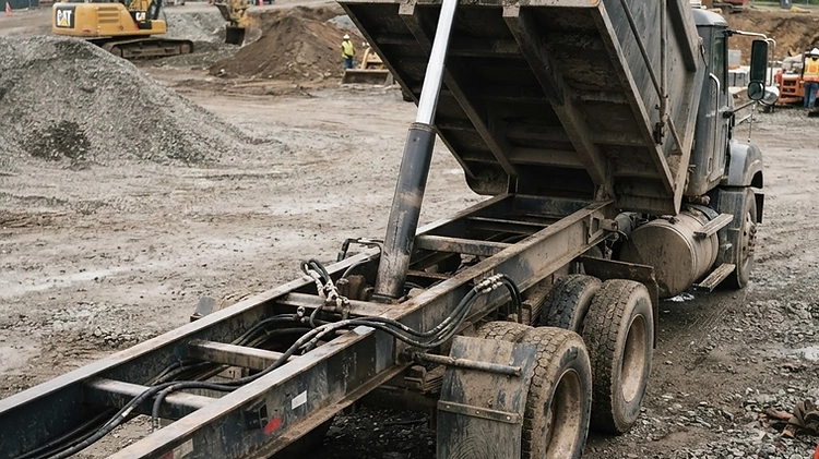 Commercial tandem-axle dump trailer parked on a gravel construction si Commercial tandem-axle dump trailer parked on a gravel construction site with its hydraulic hoist cylinder raised.