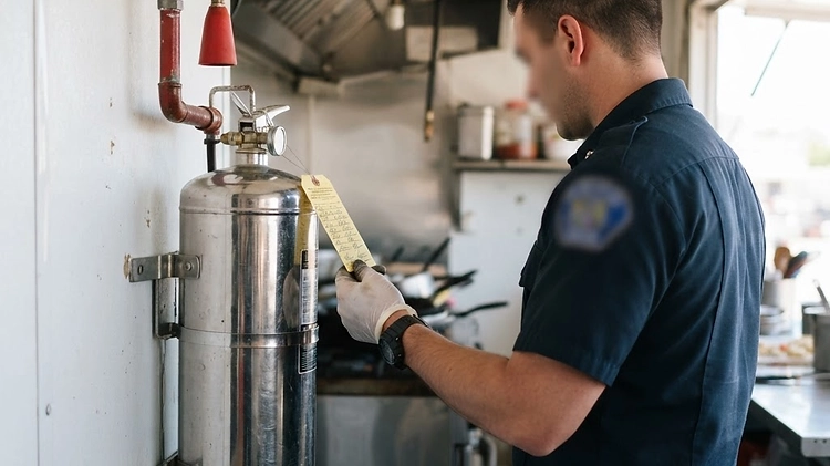 A fire marshal inspecting the fire suppression system tag inside a concession trailer.