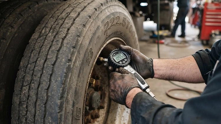 Checking tire pressure on a hotshot trailer