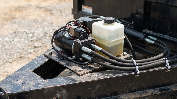 Close up of a dump trailer hydraulic pump and fluid reservoir
