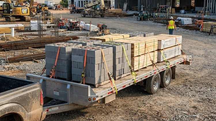 A deckover trailer loaded with wide construction materials