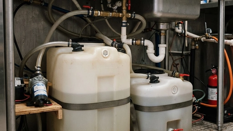 Fresh vs Gray Water Tank Ratio Diagram showing the size difference between a fresh water tank and a larger gray water tank