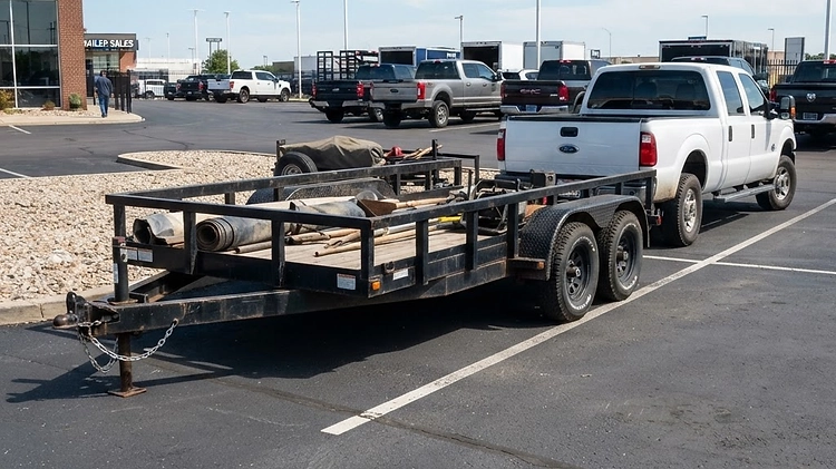 A black tandem axle utility trailer parked on a paved lot