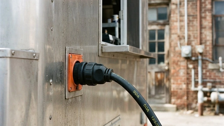 Food trailer plugged into shore power at a commissary