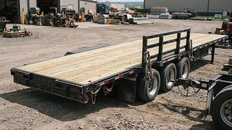 Flatbed trailer with treated wood decking parked on a lot