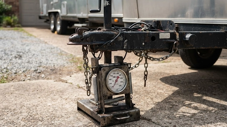 A trailer tongue jack resting on a specialized tongue weight scale