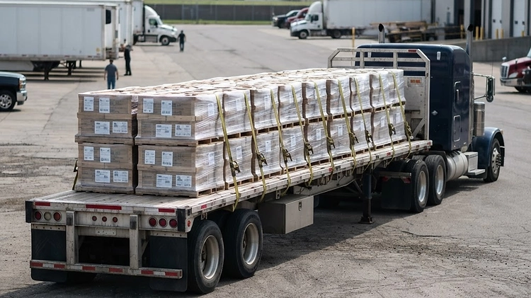 Properly Loaded Flatbed Trailer Weight Distribution A heavy-duty flatbed trailer properly loaded with palletized cargo, demonstrating safe weight distribution.