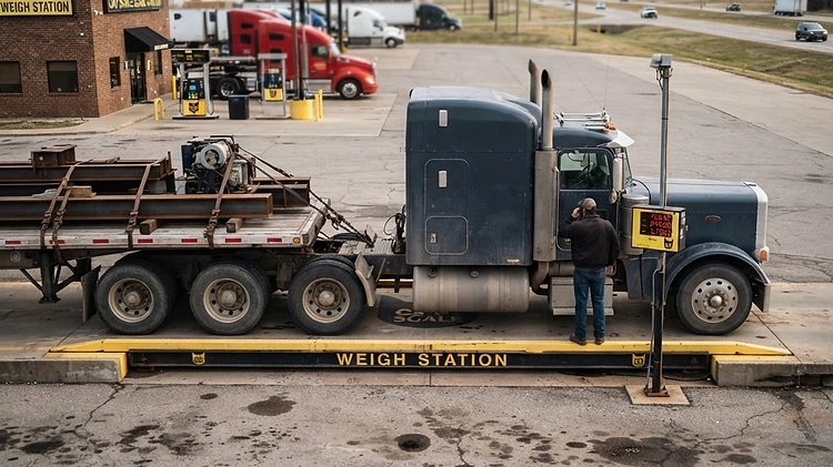 A truck and trailer being weighed on a public CAT scale.