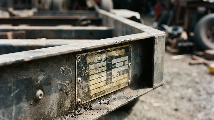 Trailer VIN and weight rating sticker on a steel frame