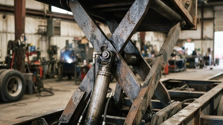 Close-up of a scissor hoist mechanism on a dump trailer