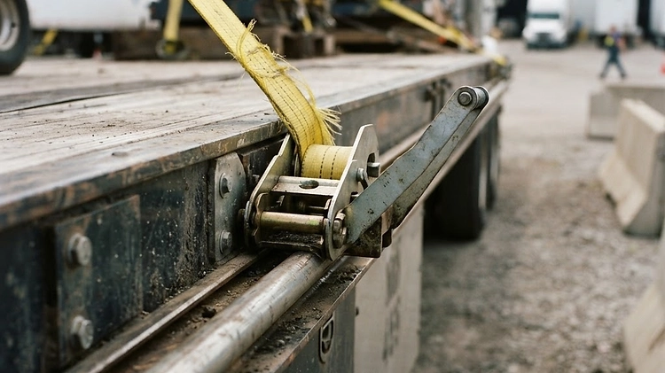 Close-up of heavy-duty sliding winches and straps securing freight on a hotshot trailer