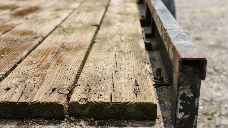 Close up of treated pine wood decking on a flatbed trailer