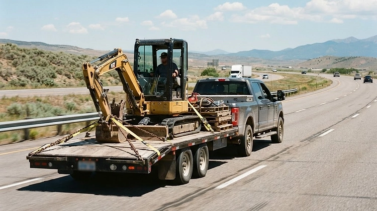 Heavy-duty pickup truck towing a loaded flatbed trailer on a highway