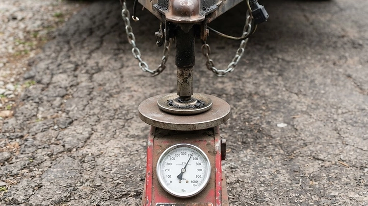 A tongue weight scale measuring the downward force of a trailer