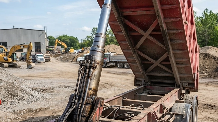 Front-mounted telescopic hydraulic cylinder on a dump trailer