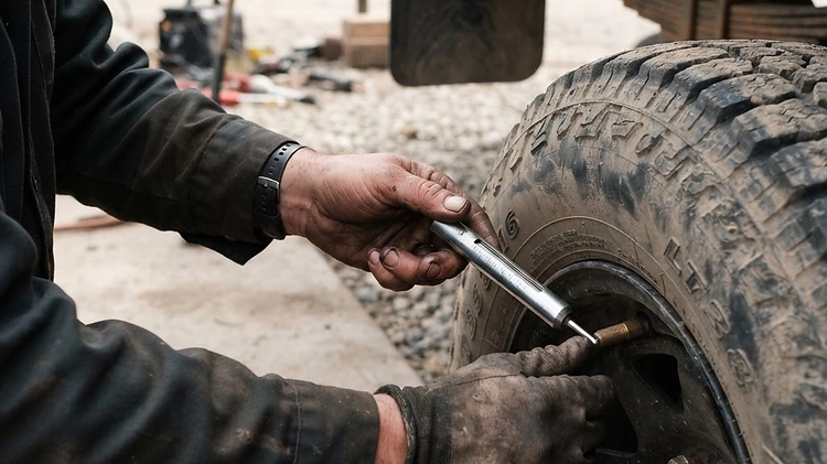 Mechanic checking trailer tire pressure with a heavy duty gauge