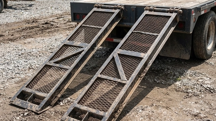 Close-up of heavy-duty trailer ramps on a deckover trailer